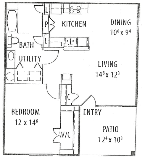 A floor plan of a house with labeled rooms such as kitchen, dining, and bedroom.